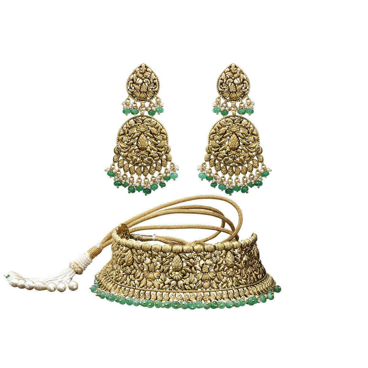 Green Embellished Gold Choker Set