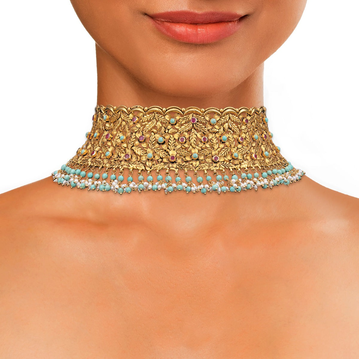 Dark Pink Floral Gold Choker