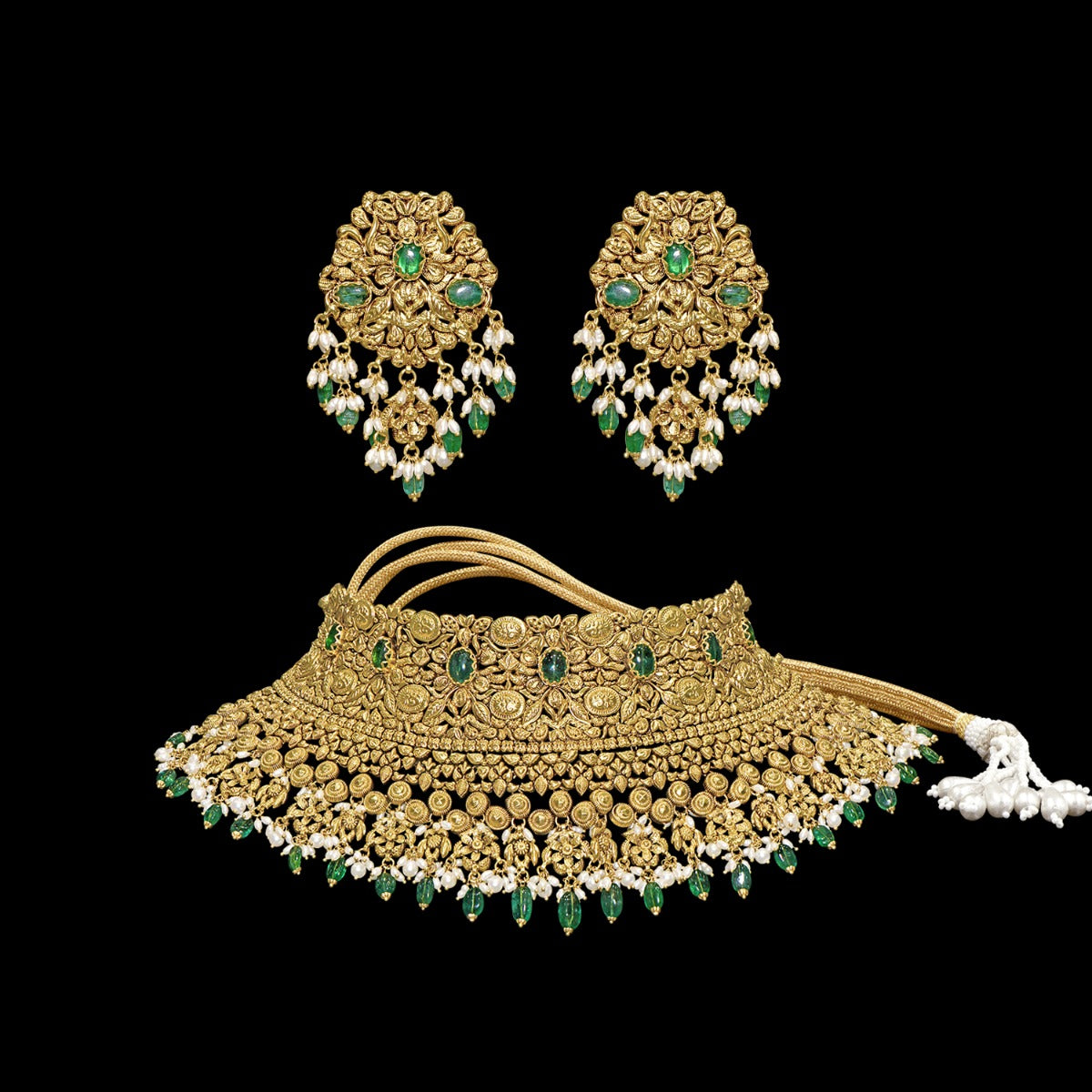 Tiny Green Knitted Gold Choker Set