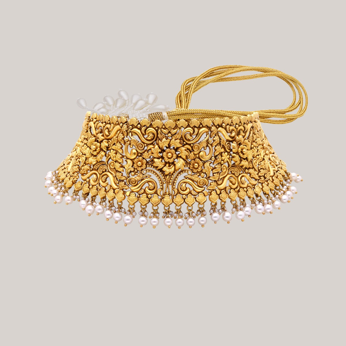 Floral Embossed Pearl Gold Choker Set