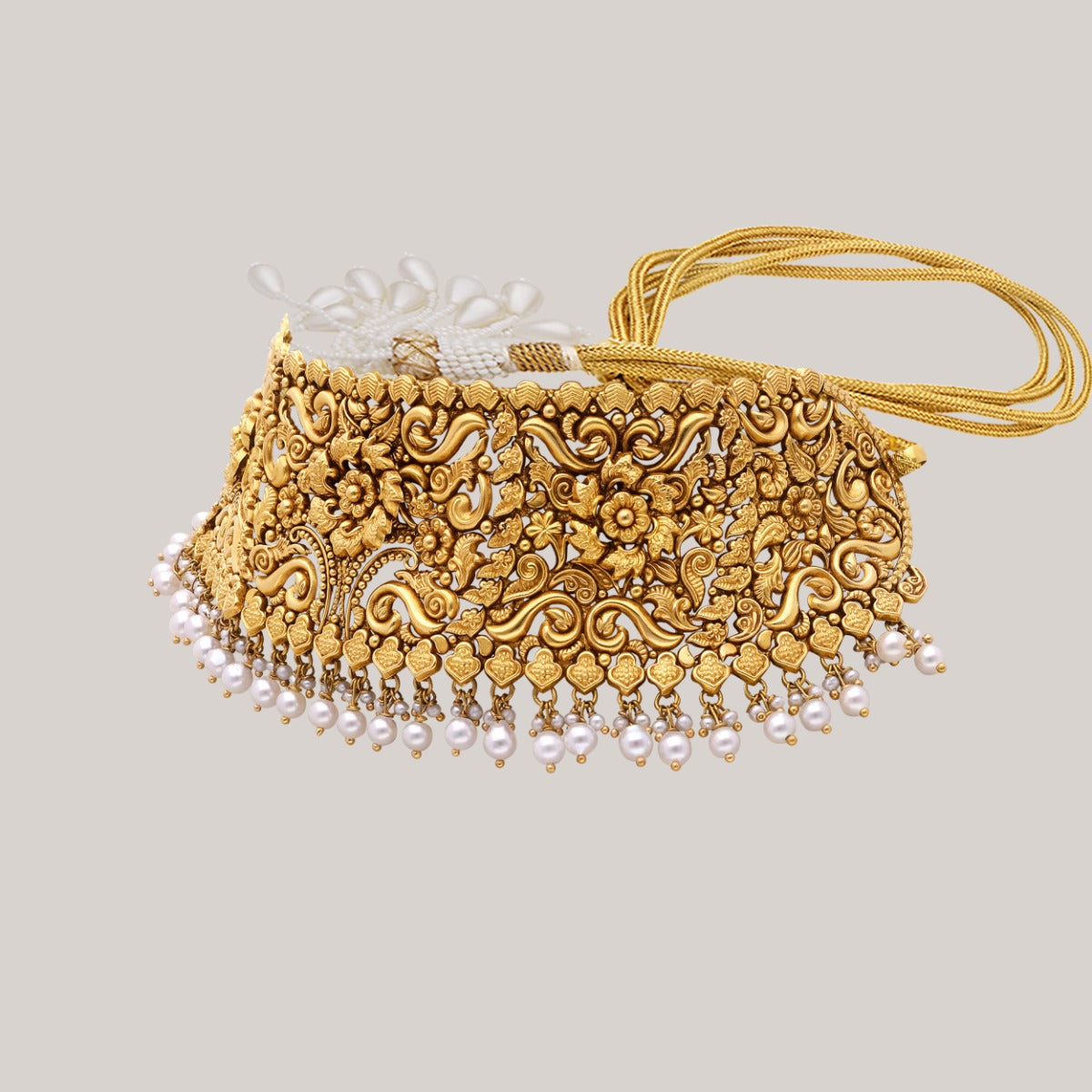 Floral Embossed Pearl Gold Choker Set