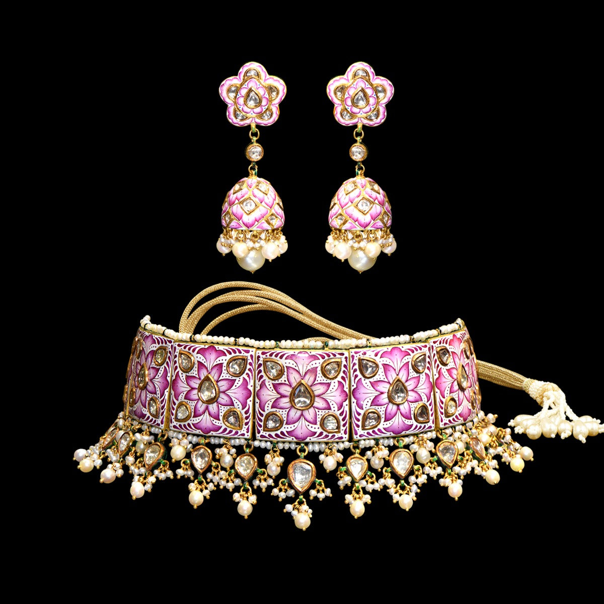 Pink Puff Flower Polki Choker Set