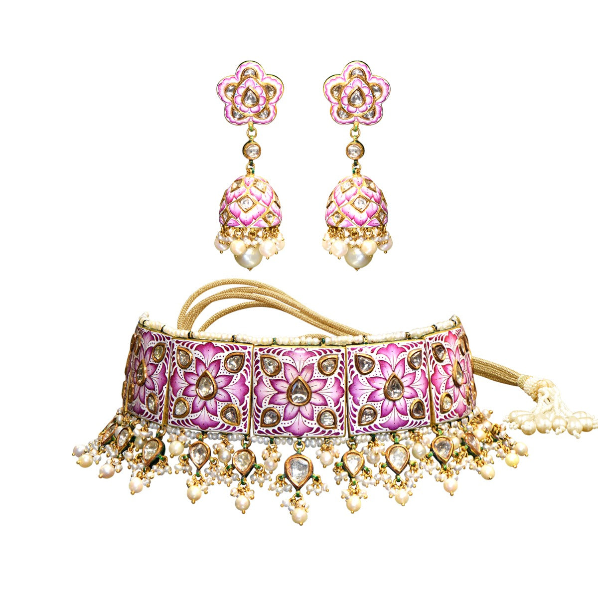 Pink Puff Flower Polki Choker Set