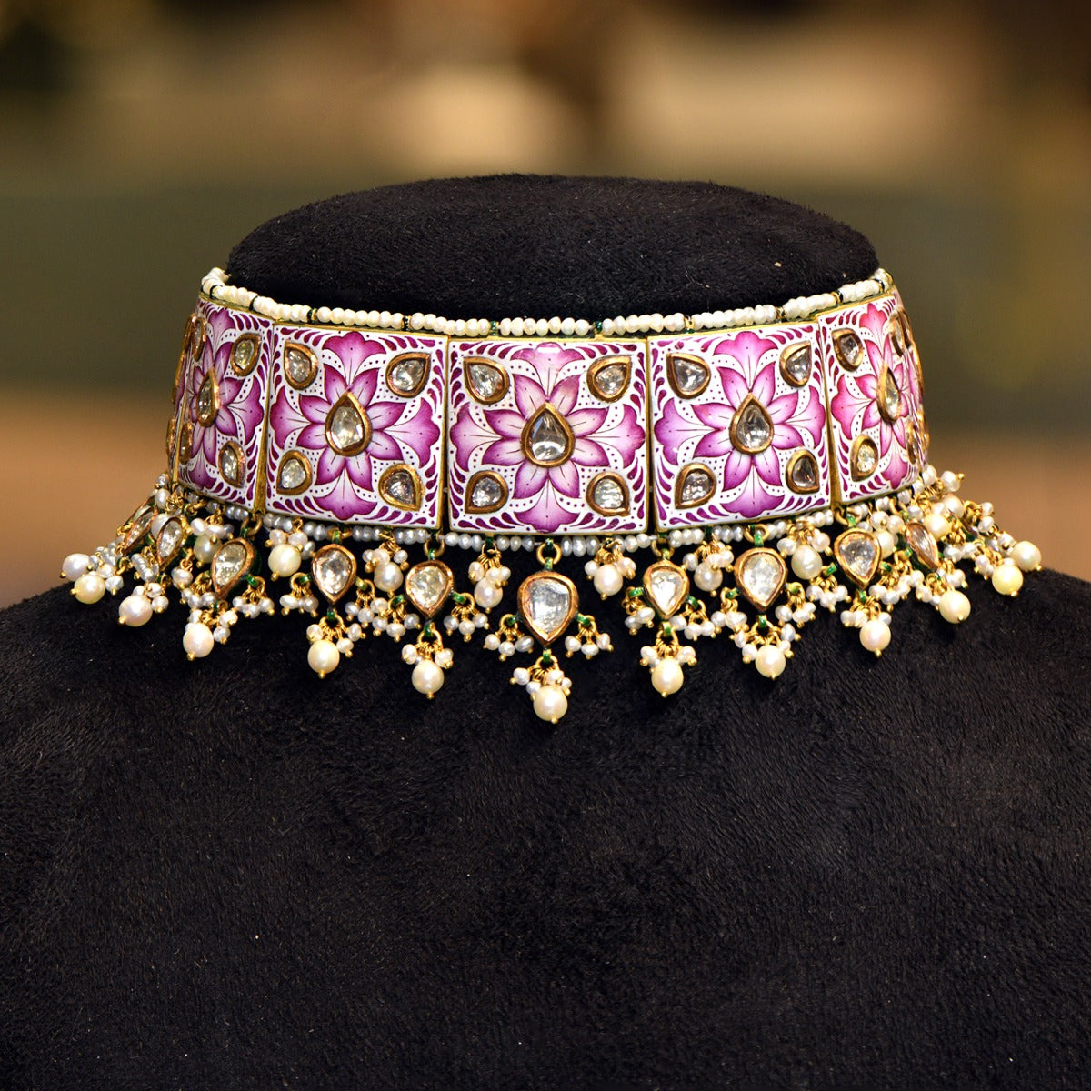 Pink Puff Flower Polki Choker Set