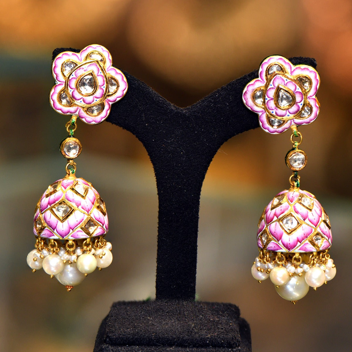 Pink Puff Flower Polki Choker Set