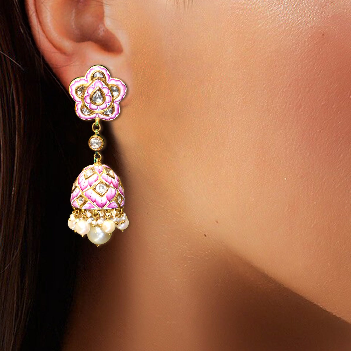 Pink Sunflower Polki Jhumka