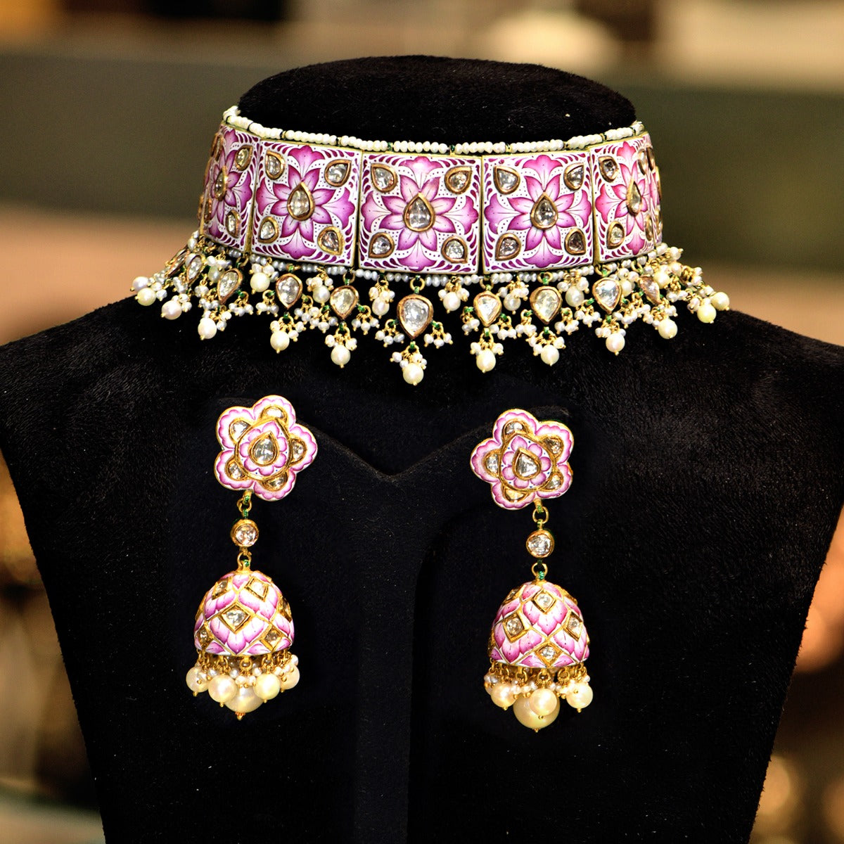 Pink Puff Flower Polki Choker Set