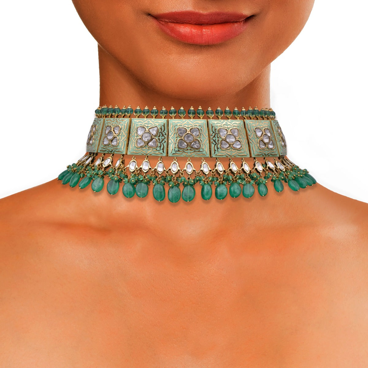 Aqua Green Granule Polki Choker