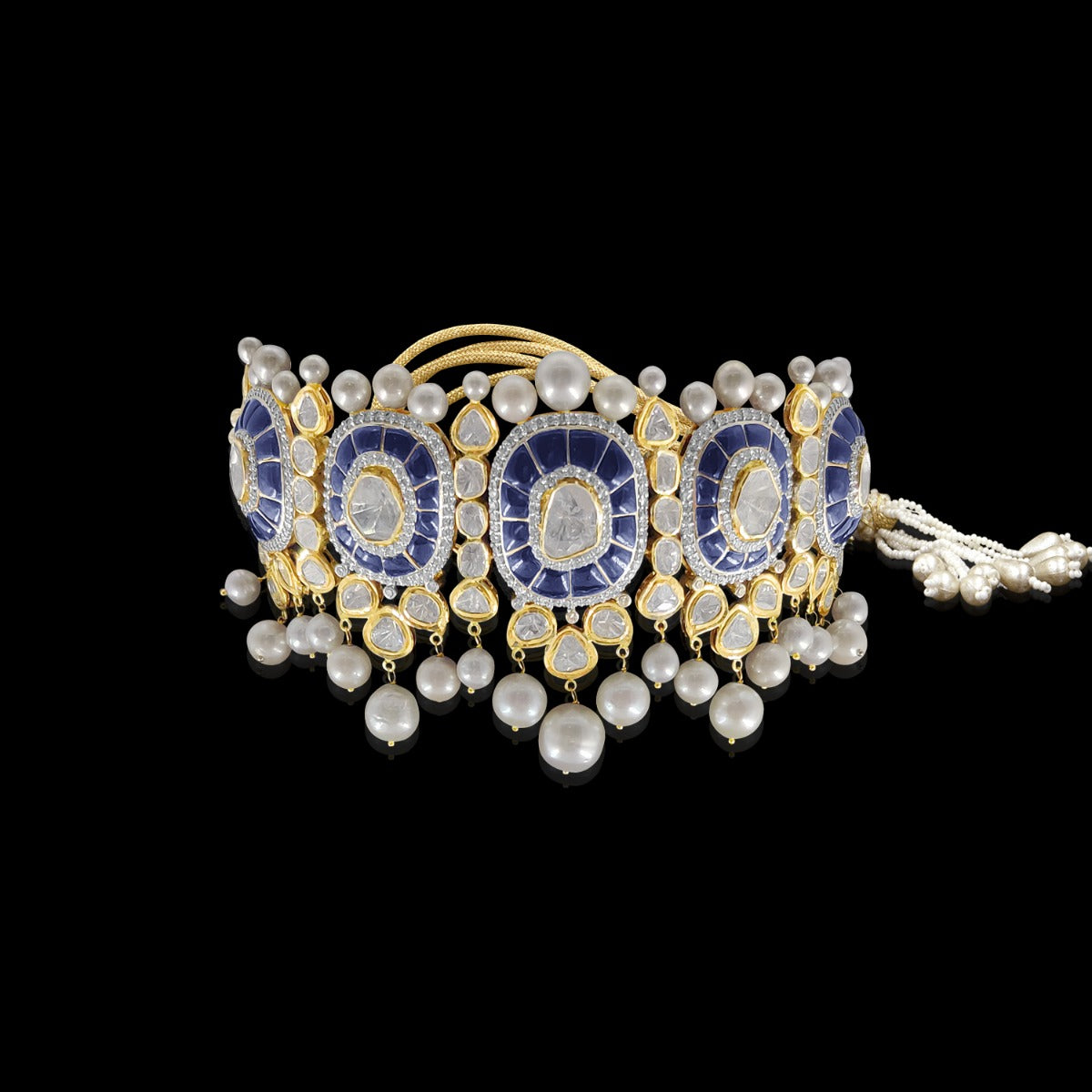 Blue White Pearl Polki Necklace Set