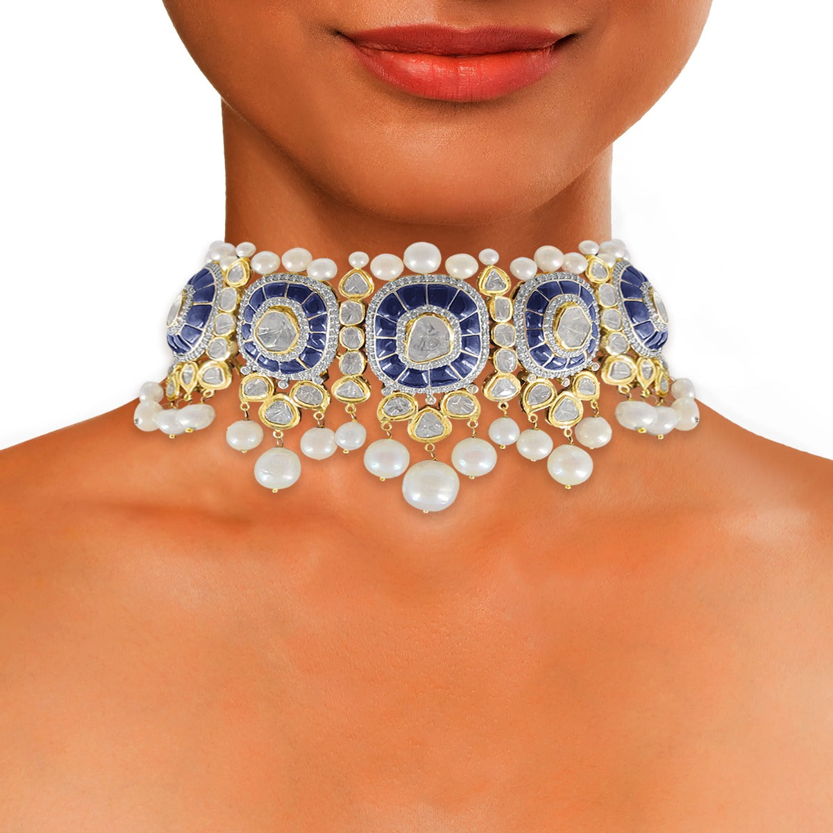 Blue White Pearl Polki Necklace Set