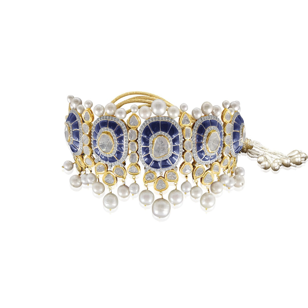 Blue White Pearl Polki Necklace