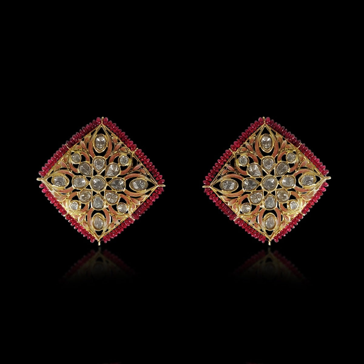 Upright Square Pink Polki Earrings