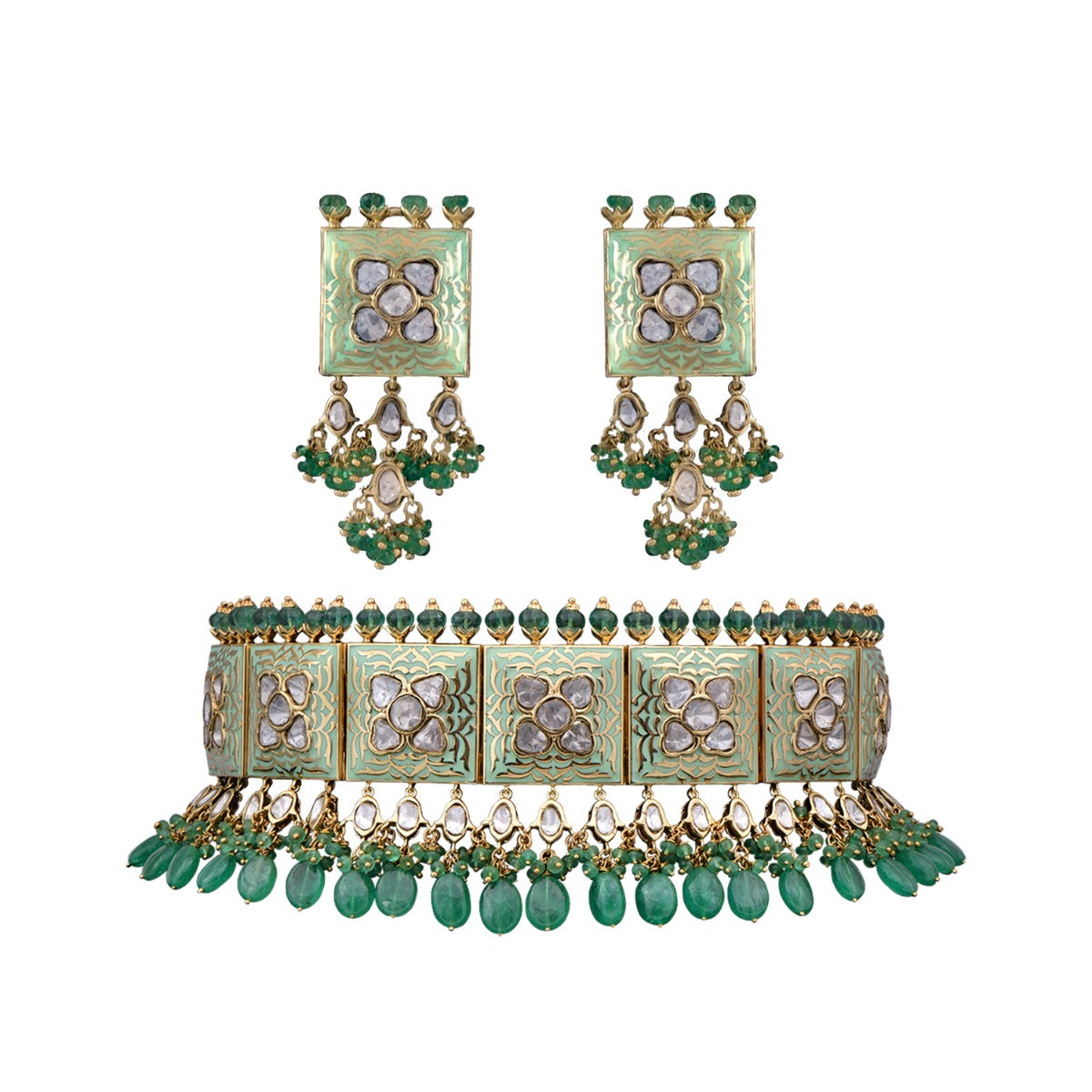 Aqua Green Granule Polki Choker Set