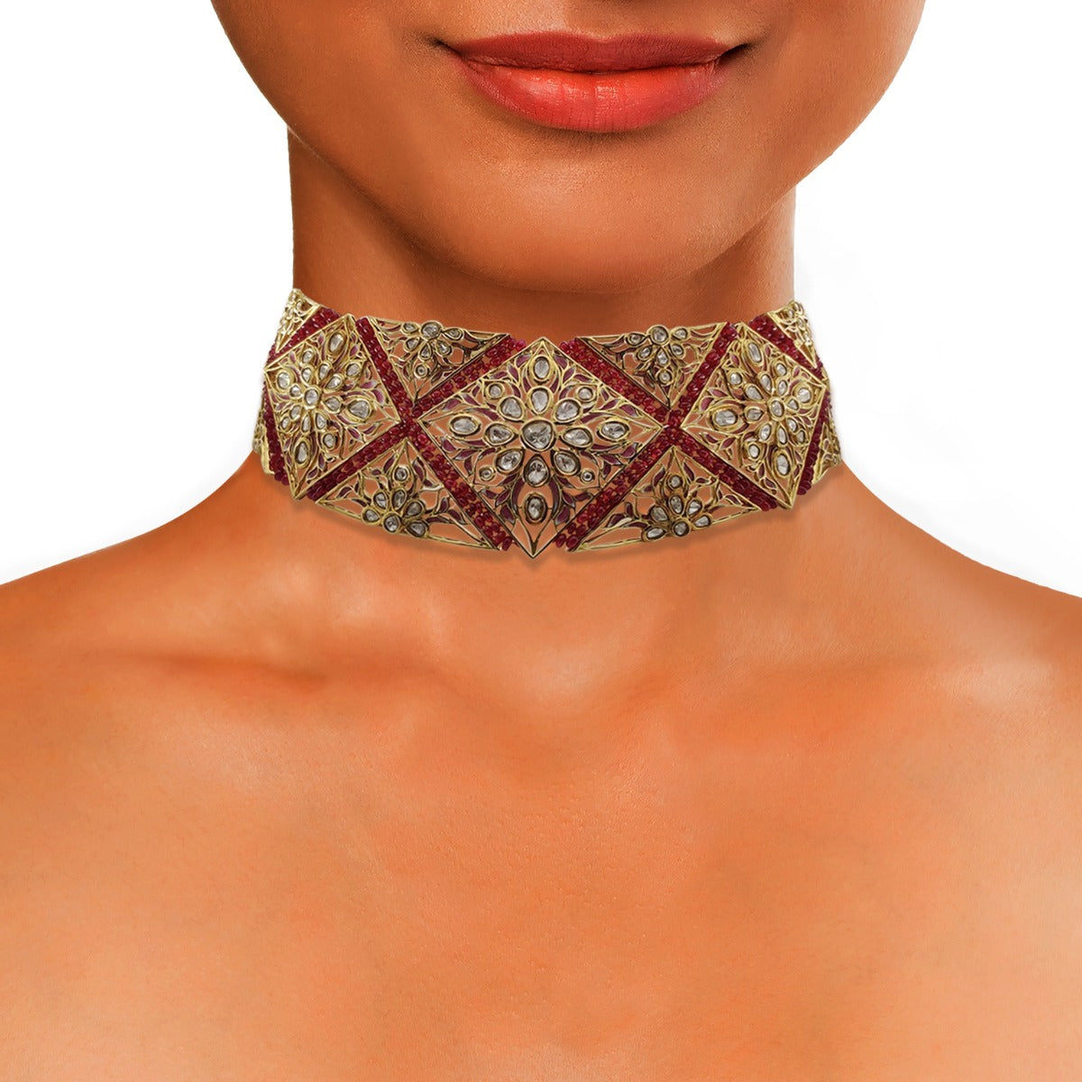 Maroon Polki Stiff Necklace
