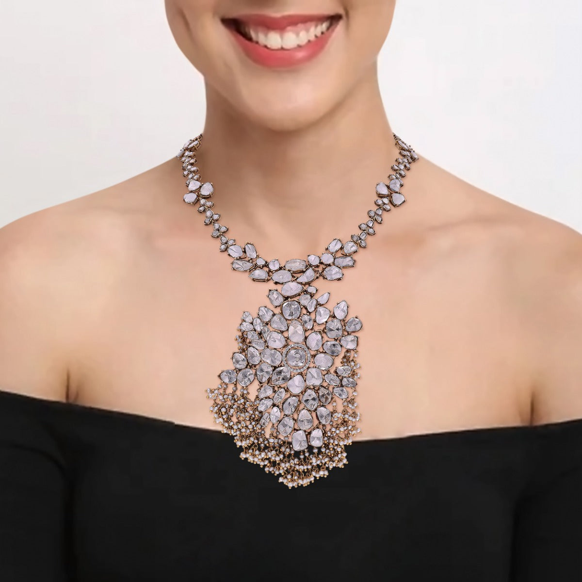 Asymmetric Cluster Floral Polki Necklace