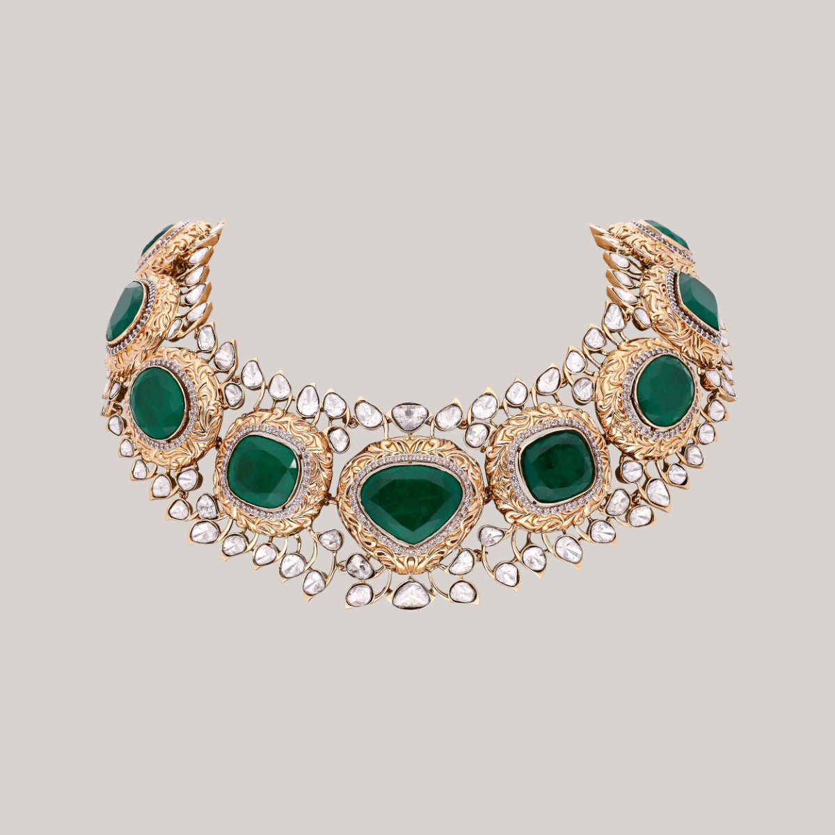 Majestic Emerald Cascade Polki Necklace