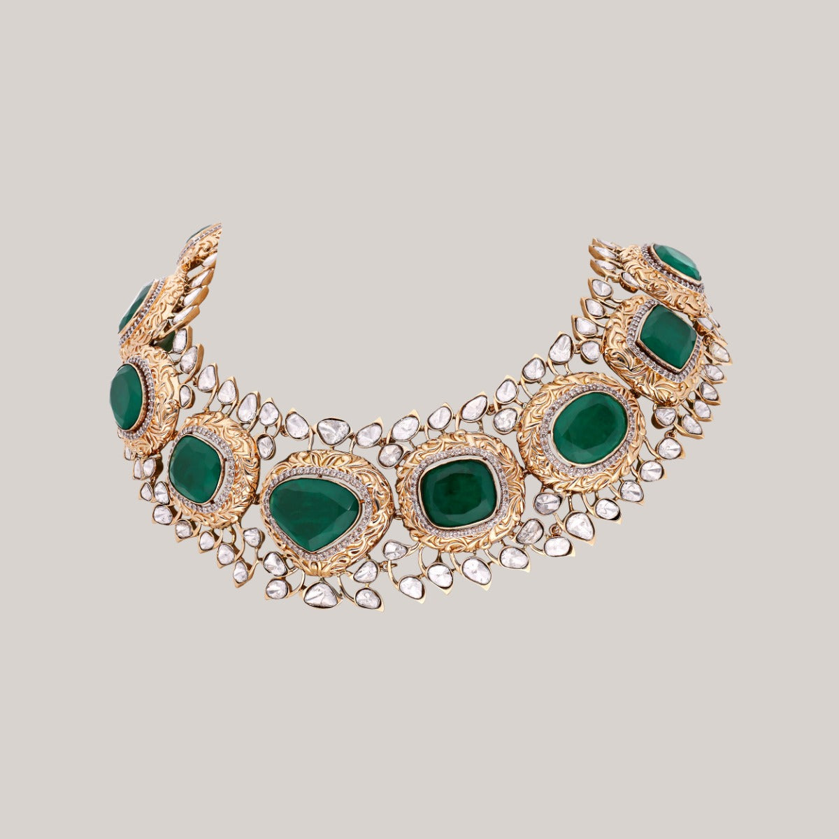 Majestic Emerald Cascade Polki Necklace
