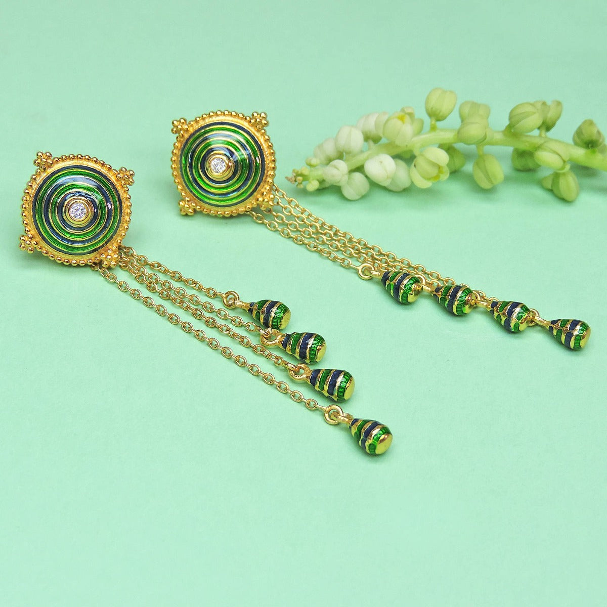 Gleaming Green Enamel Drop Earrings