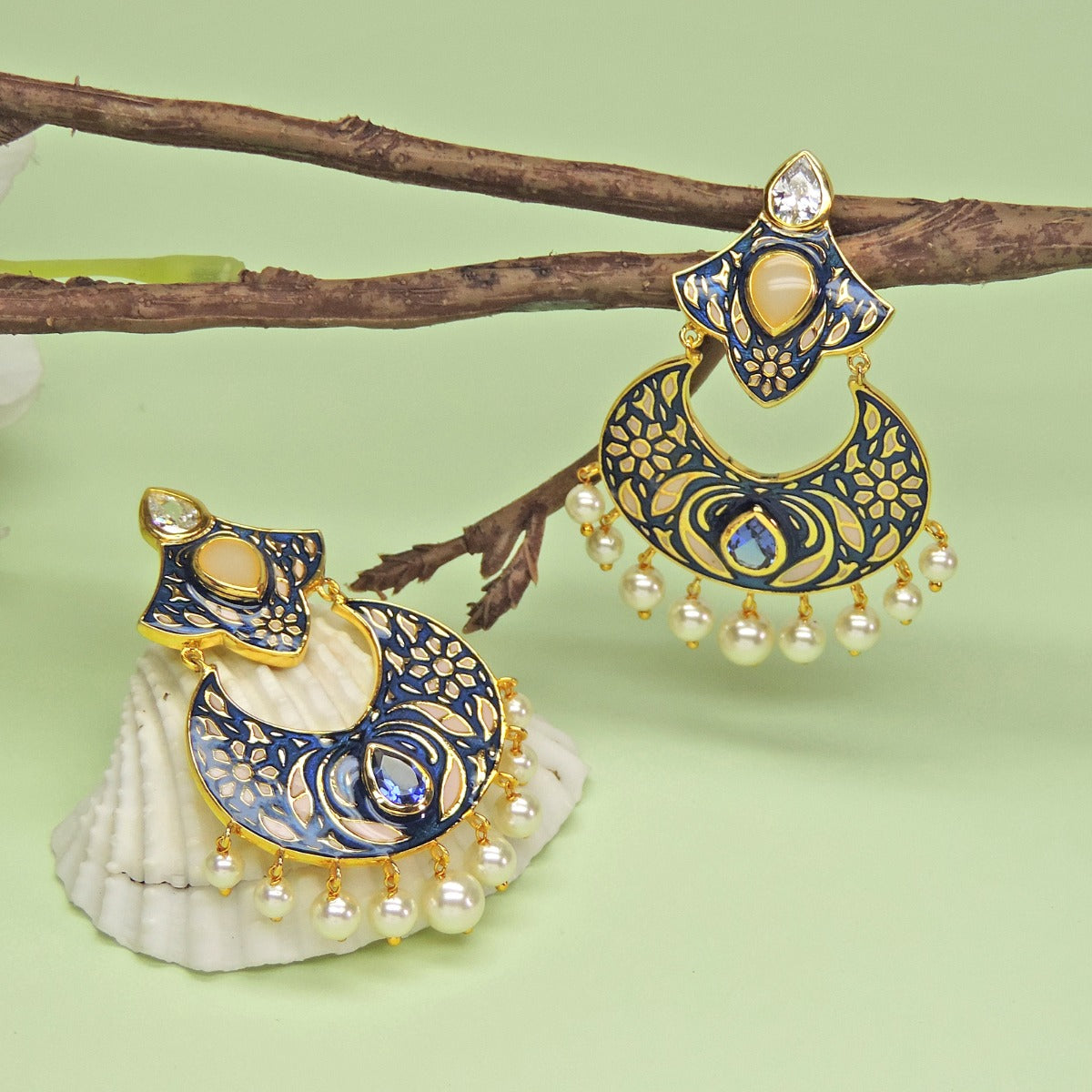 Runway Blue Enamel Chandbali Earrings