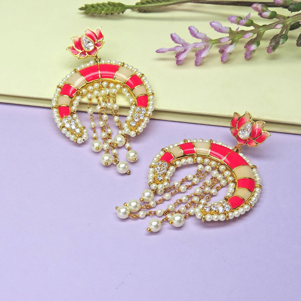 Lotus Blossom Enamel Chandbali Earrings