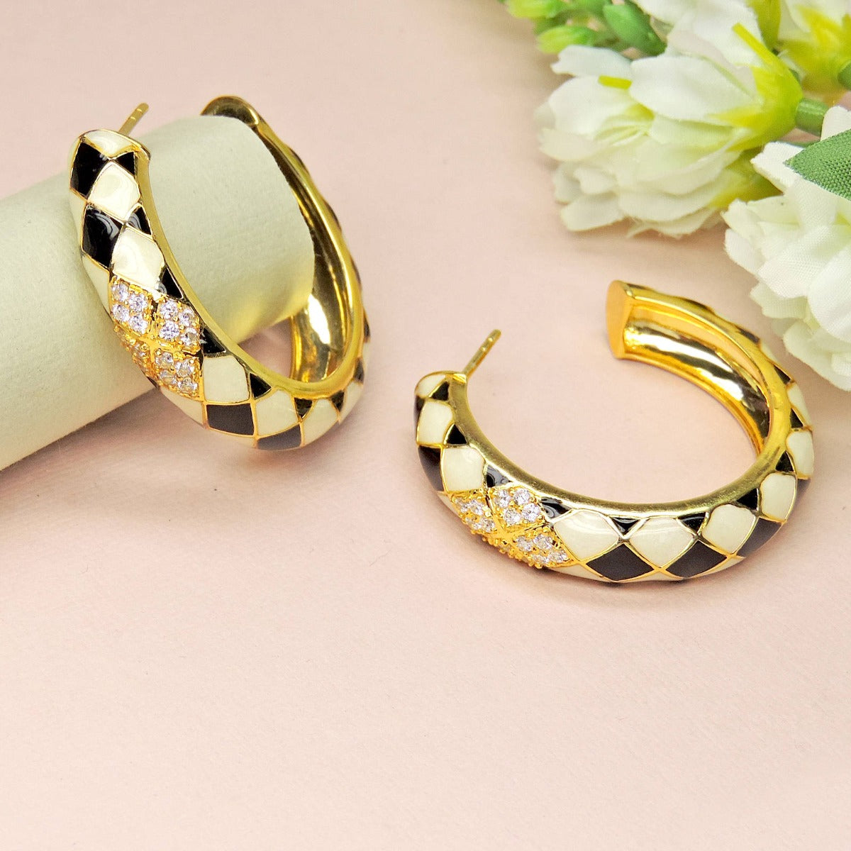 Chess Board Hoops Enamel Earrings