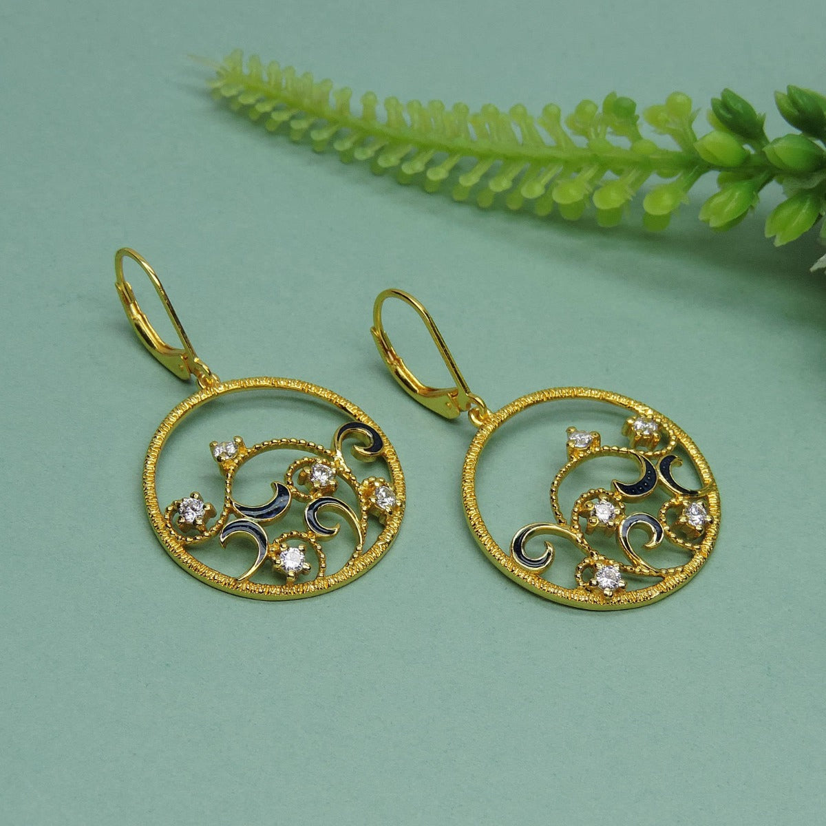 Circular Diamond Enamel Drop Earrings