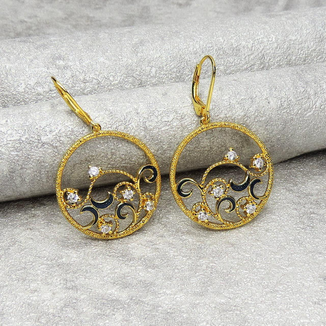 Circular Diamond Enamel Drop Earrings
