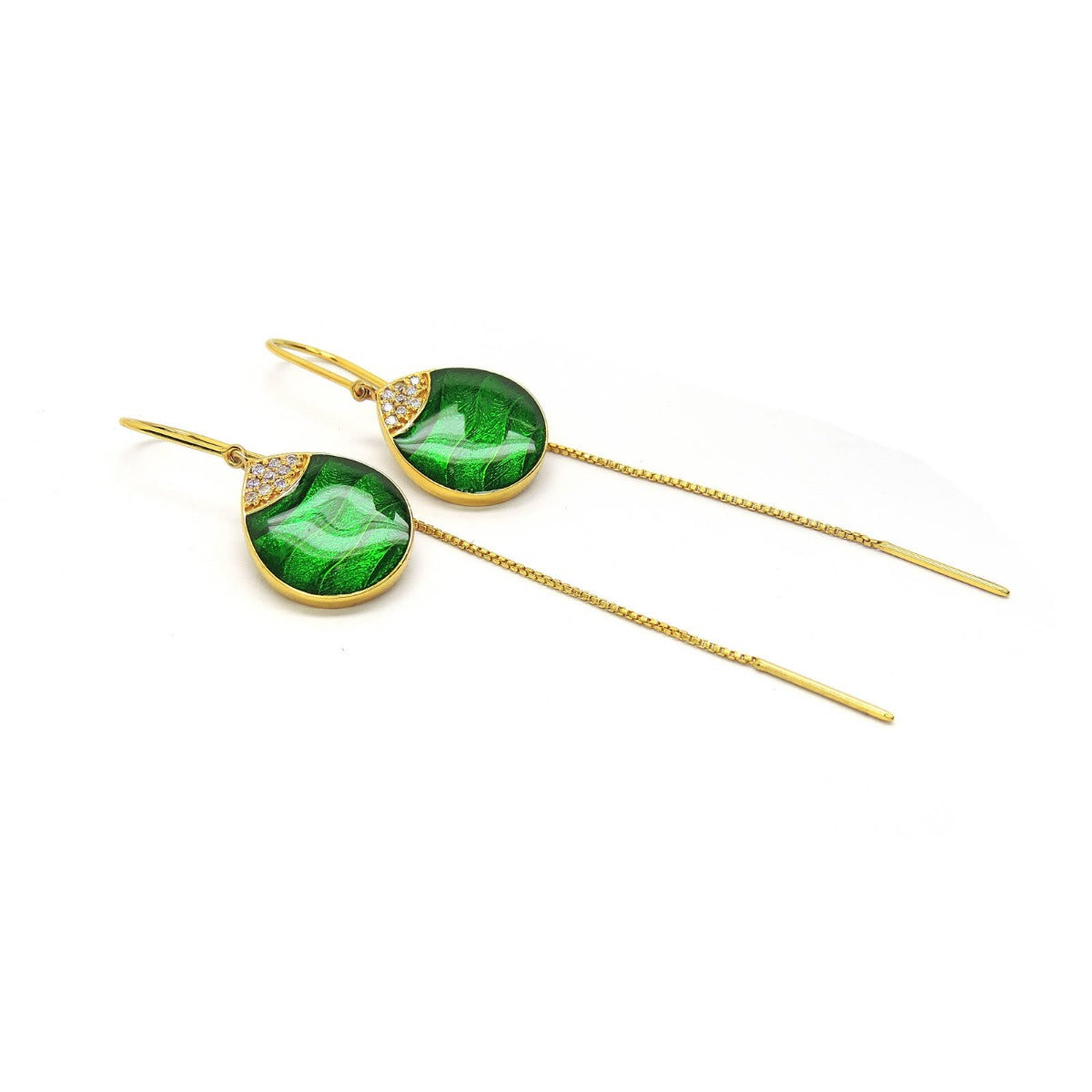 Green Dew Drop Enamel Sui Dhaga Earrings