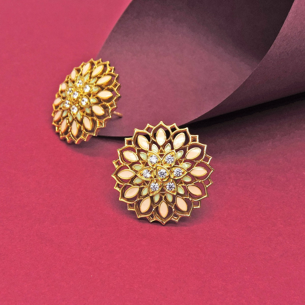 Pink Enamel Blooming Flower Stud