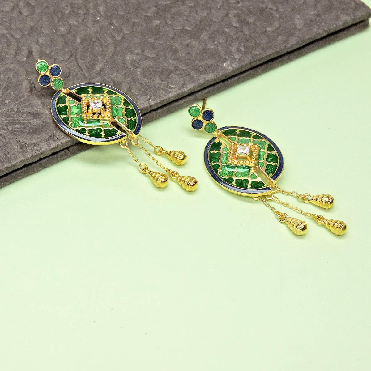 Checkered Braid Enamel Chandbali Earrings