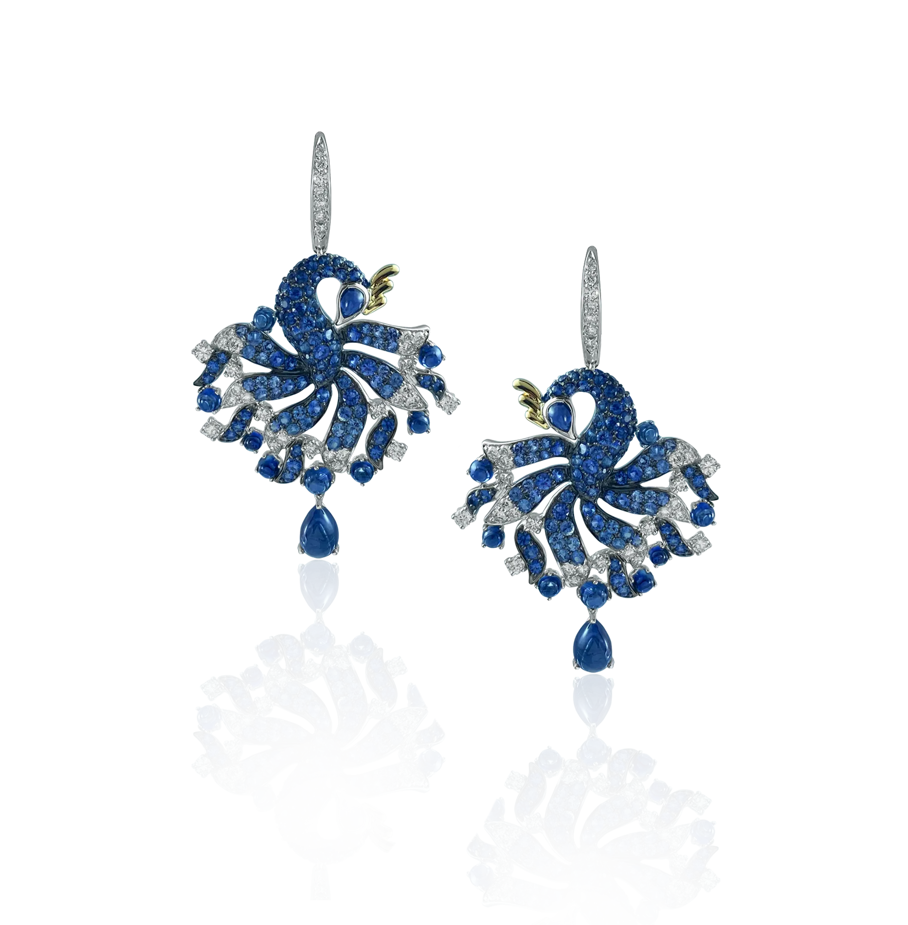 Peacock Diamond Earrings Yellow Gold Sapphire