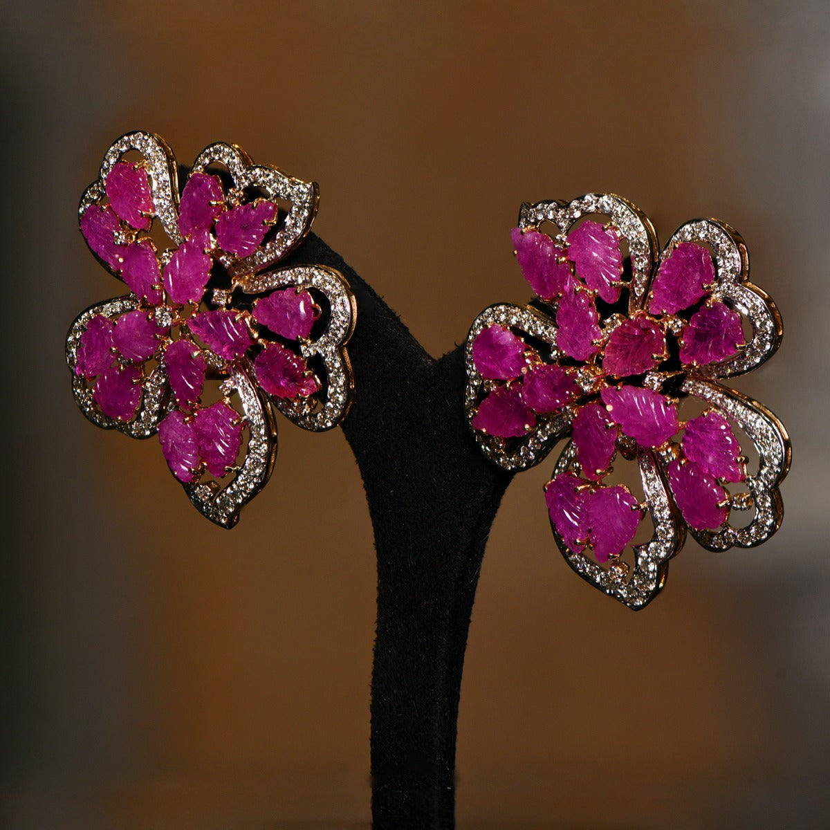 Sparkly Pink Floral Diamond Earrings