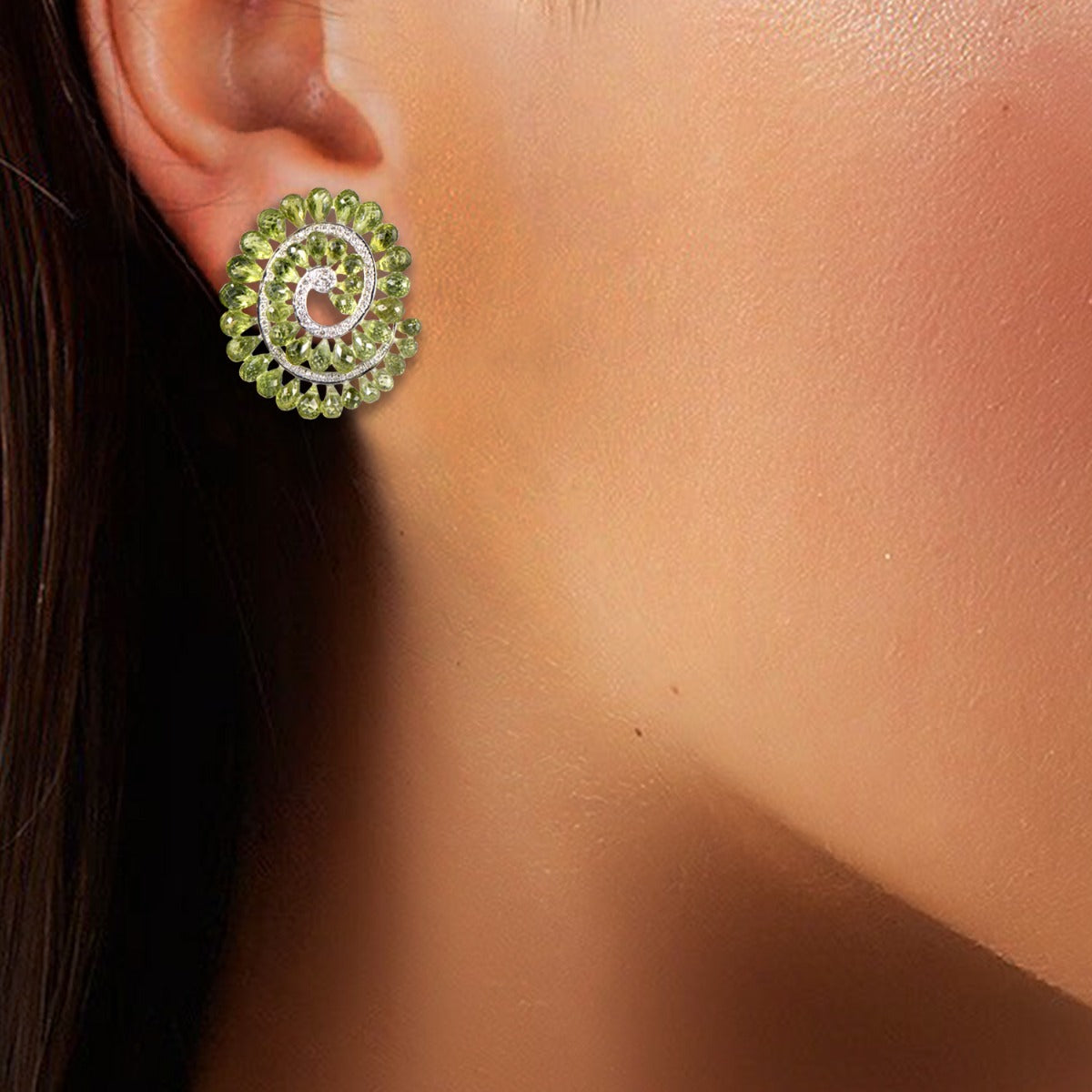 Spiral Green Peridot Diamond Earrings