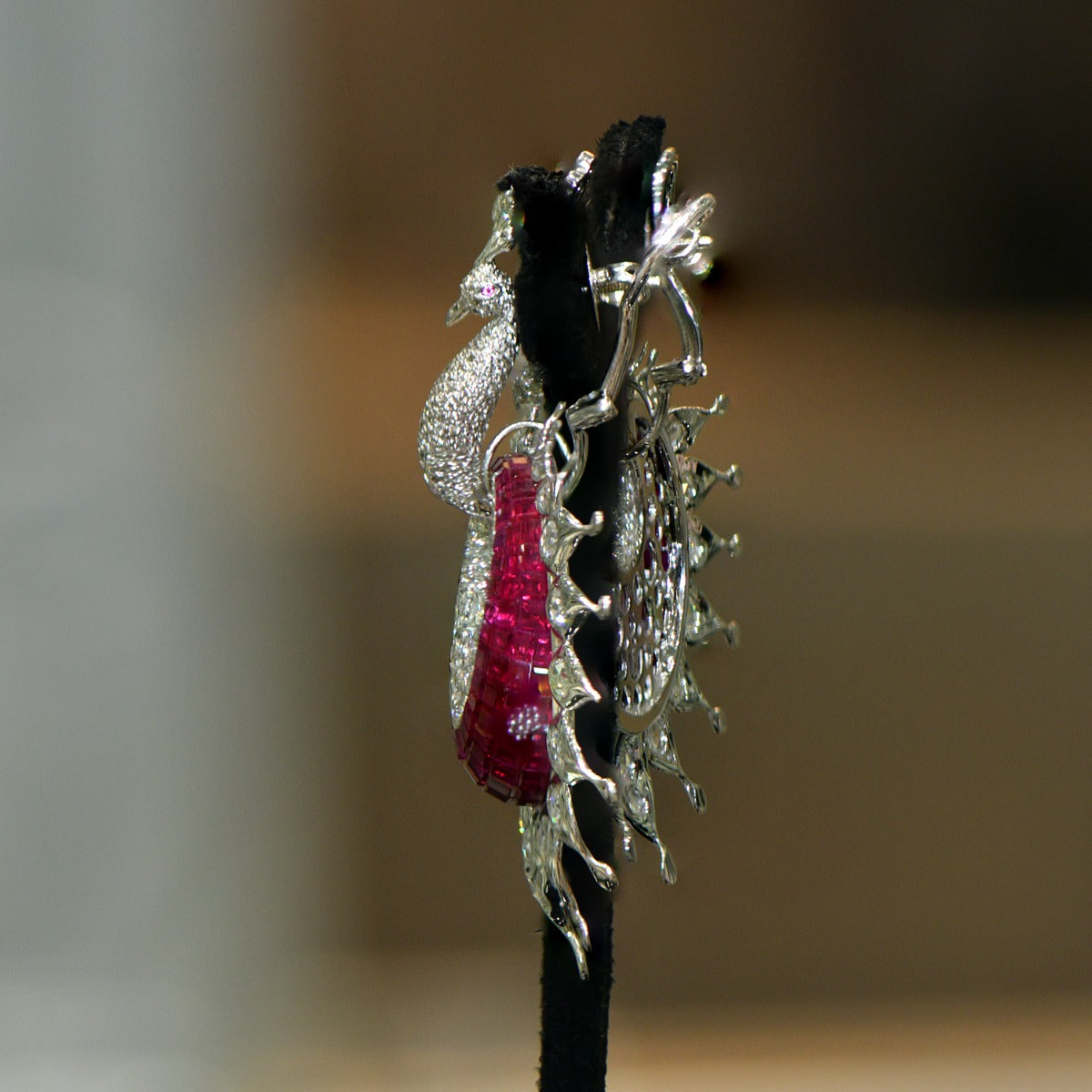 Contemporary Mesmerising Peacock Ruby Drop Earrings