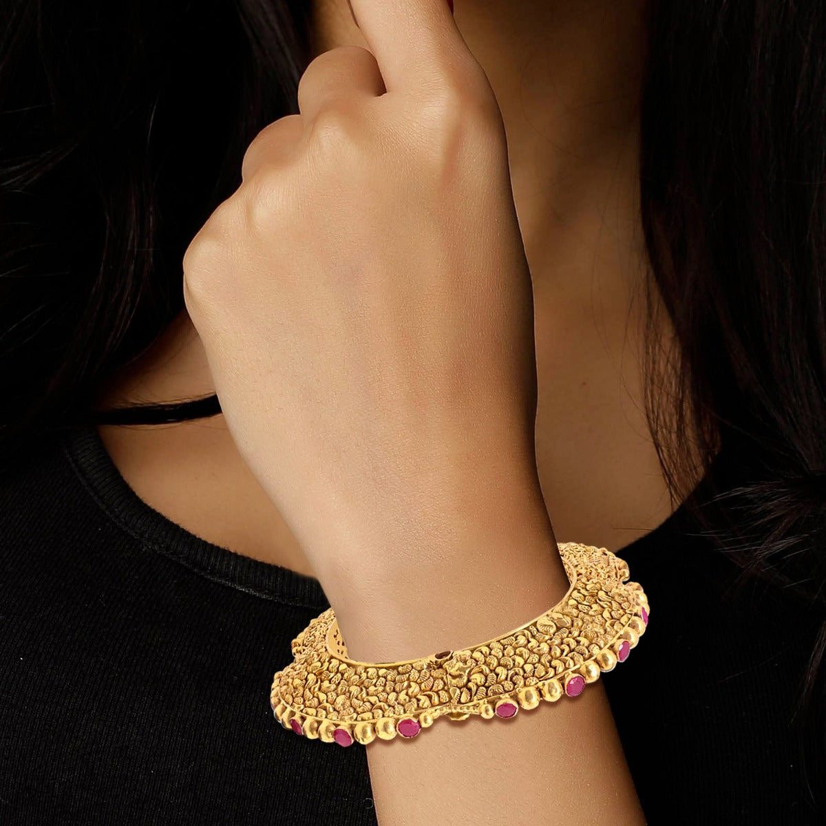 Ruby Studded Gold Kada