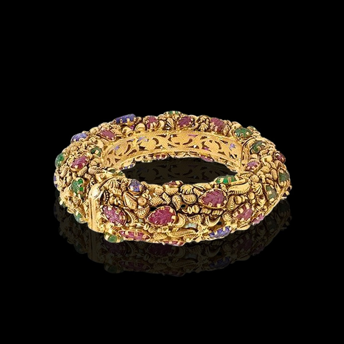 Classic Multi-Stone Leaves Gold Bangle