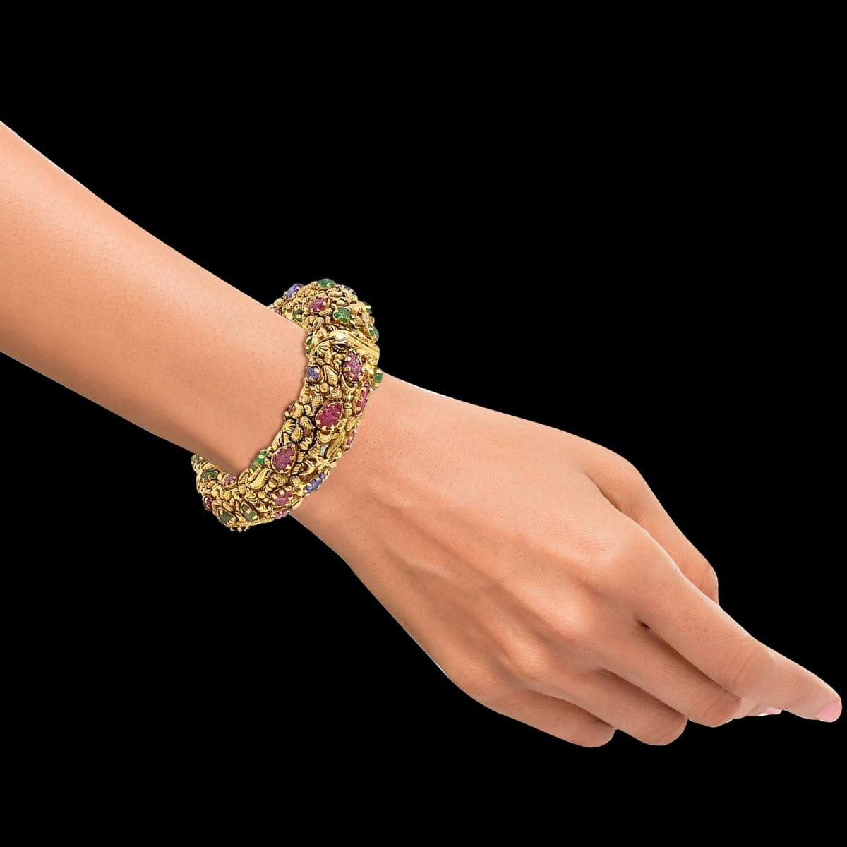 Classic Multi-Stone Leaves Gold Bangle