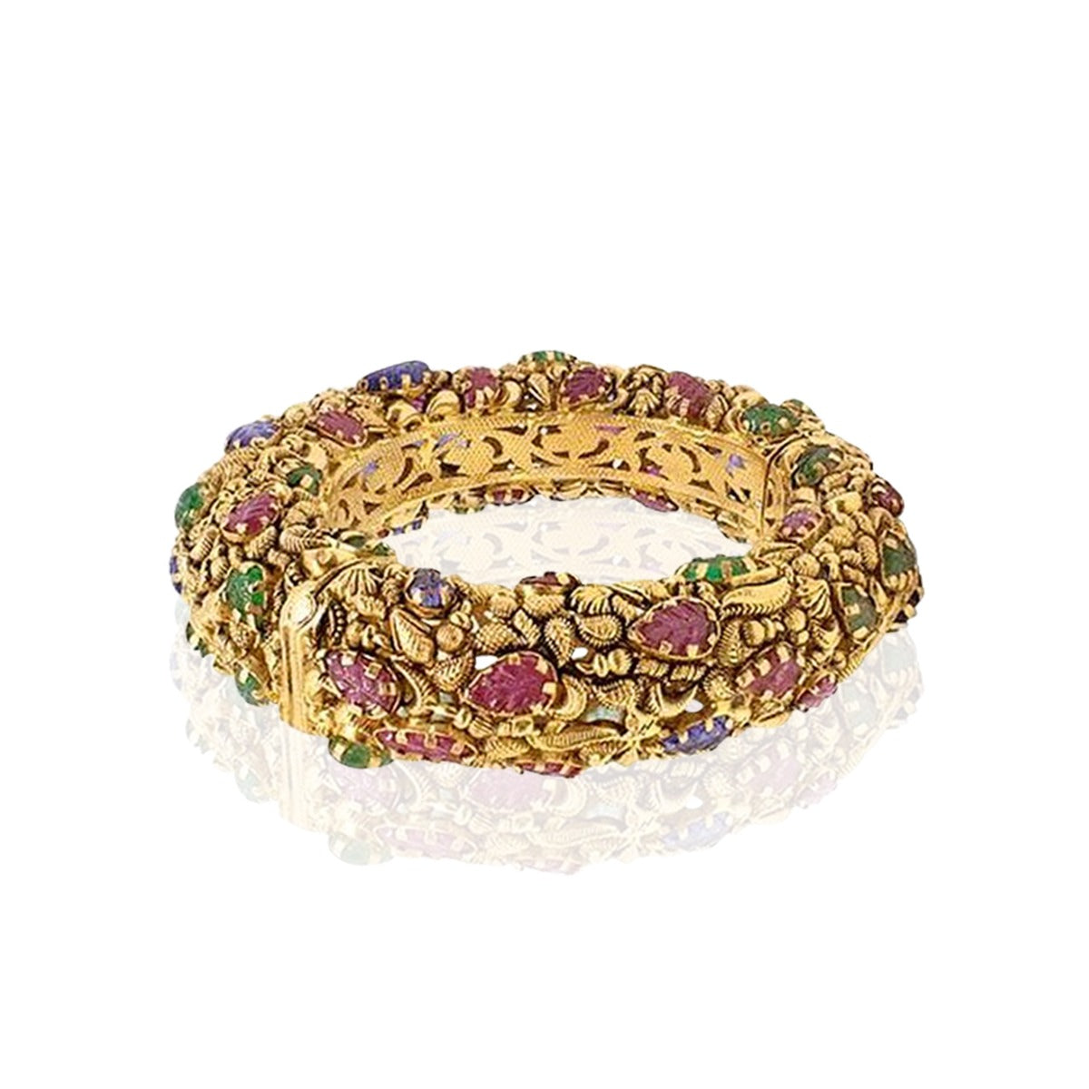 Classic Multi-Stone Leaves Gold Bangle