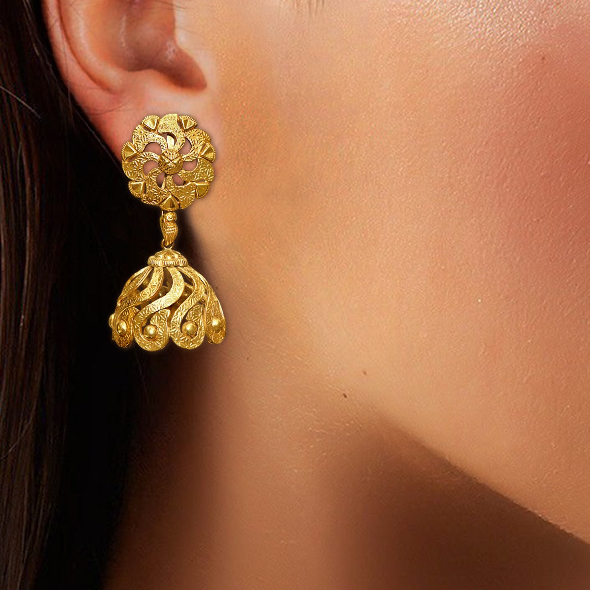 Curved Temple Bell Gold Jhumka