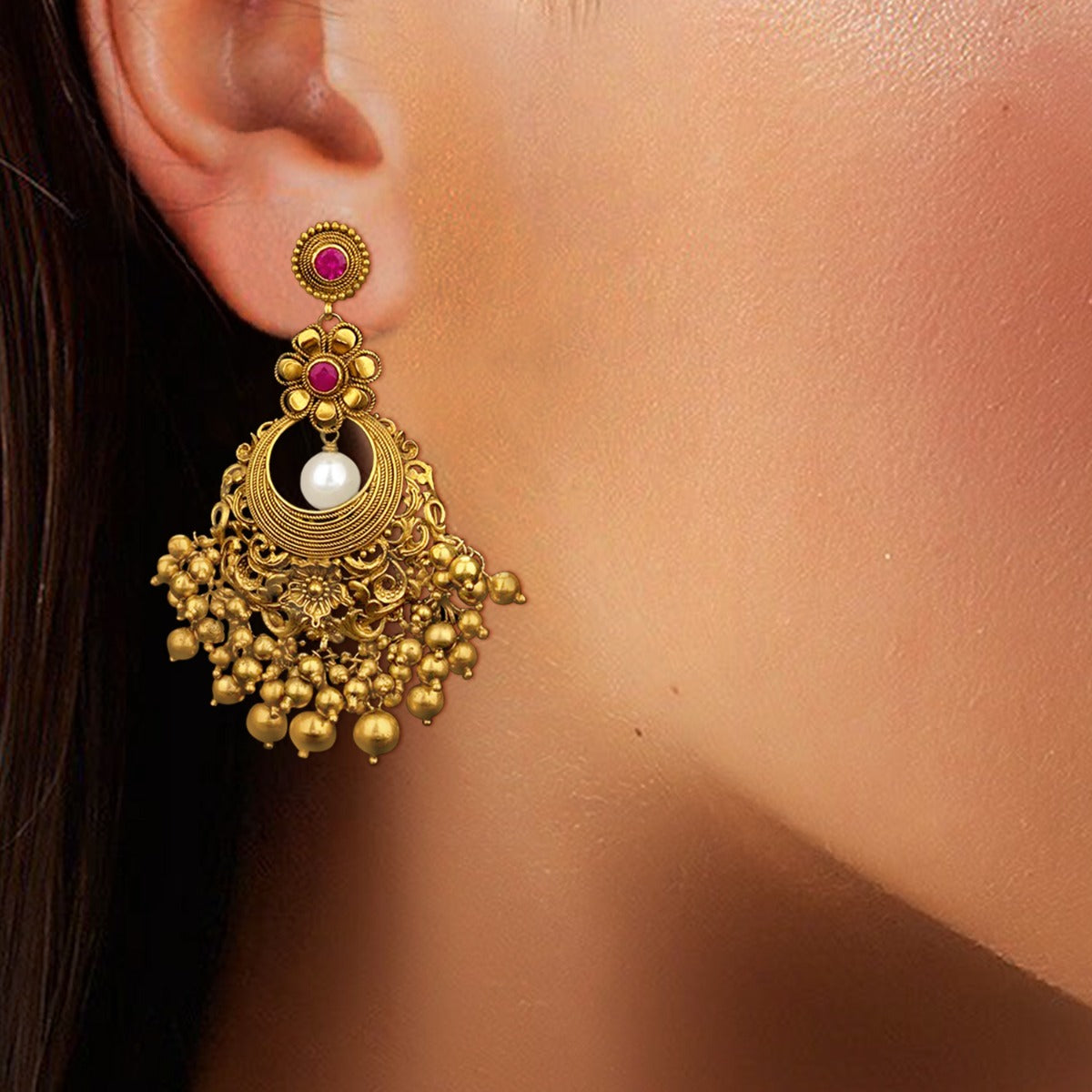 Pink Floral Gold Tassel Chandbali