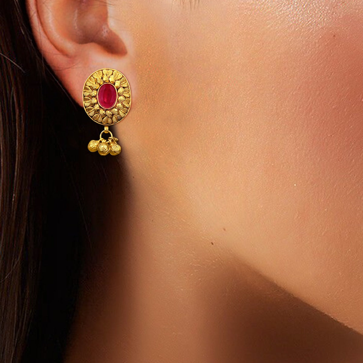 Ruby Leaf Motif Gold Earrings