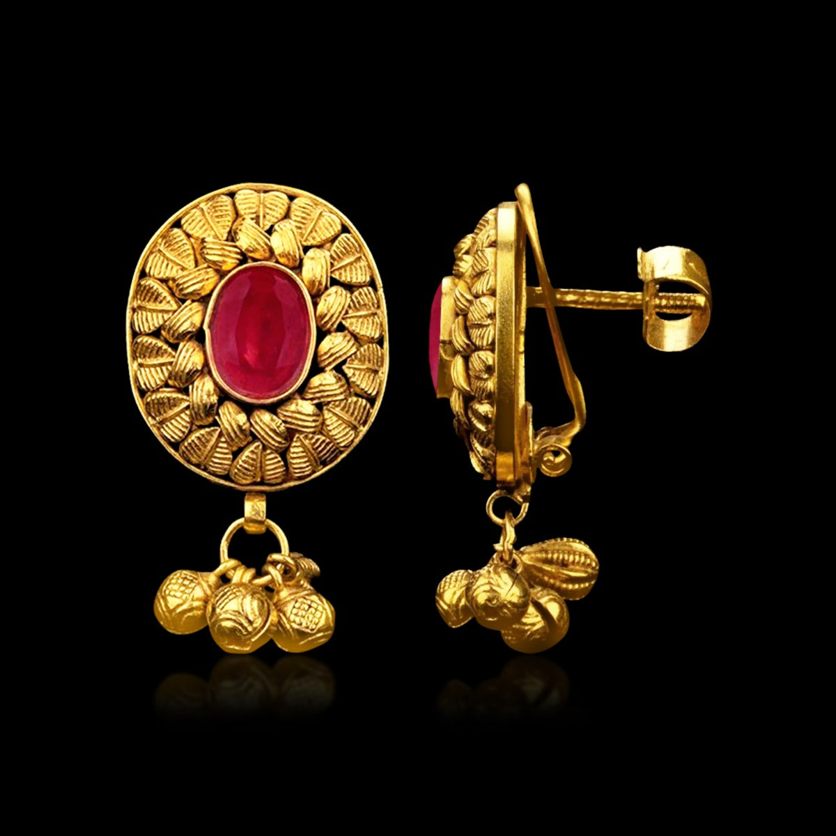 Ruby Leaf Motif Gold Earrings