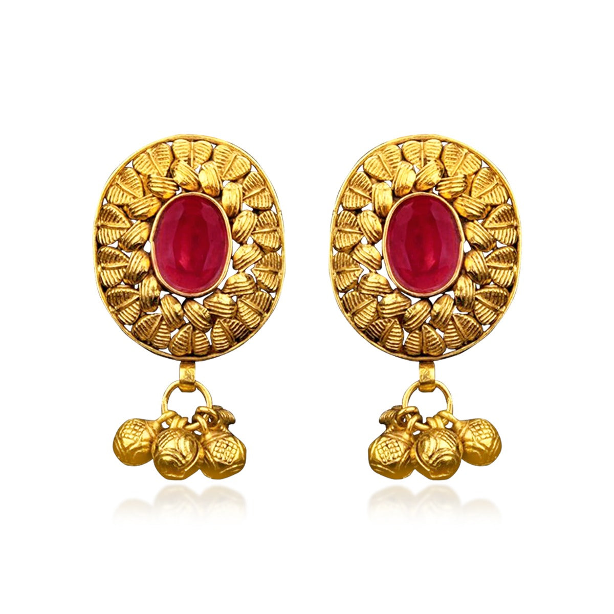 Ruby Leaf Motif Gold Earrings