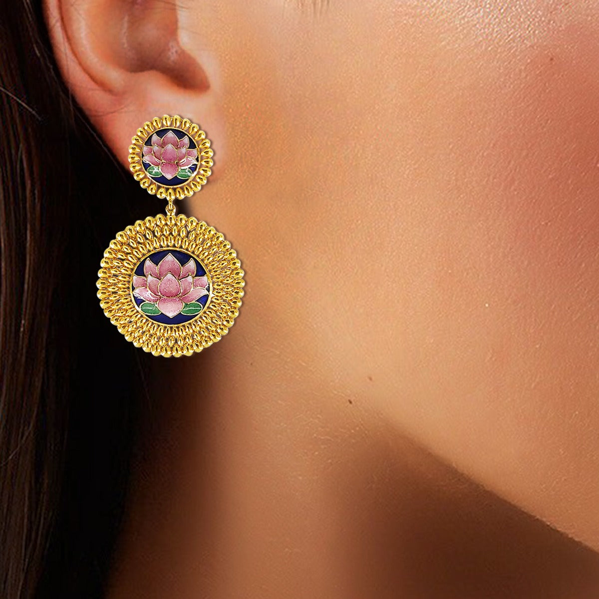 Pink Lotus Frame Gold Earrings