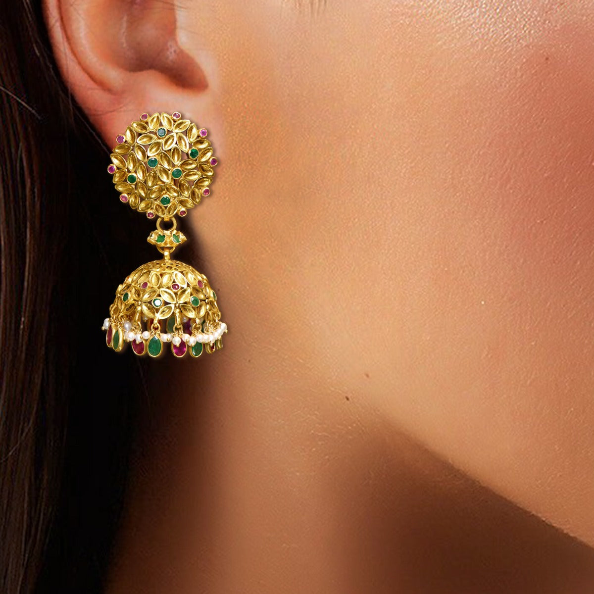 Multi Stone Sprinkles Gold Jhumka