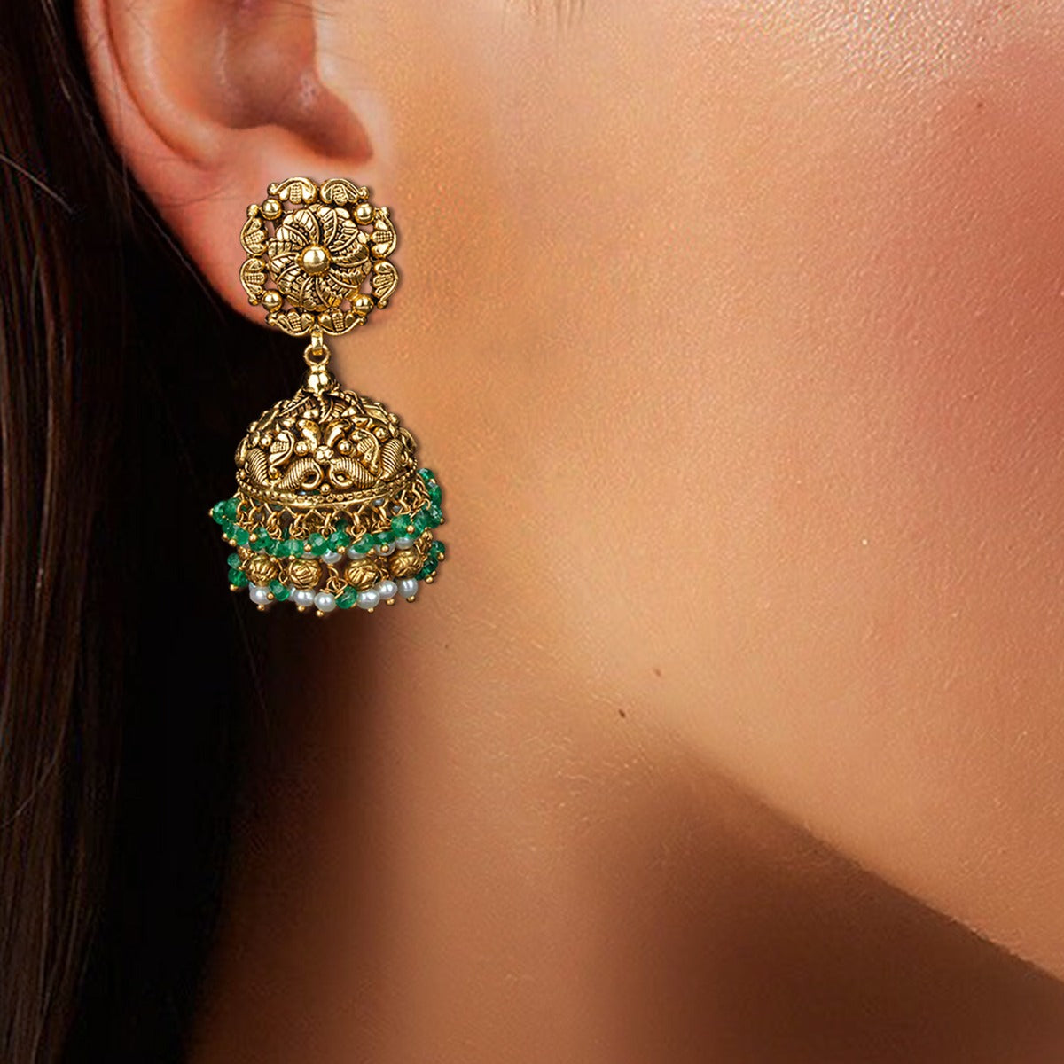 Green Petals Gold Jhumka
