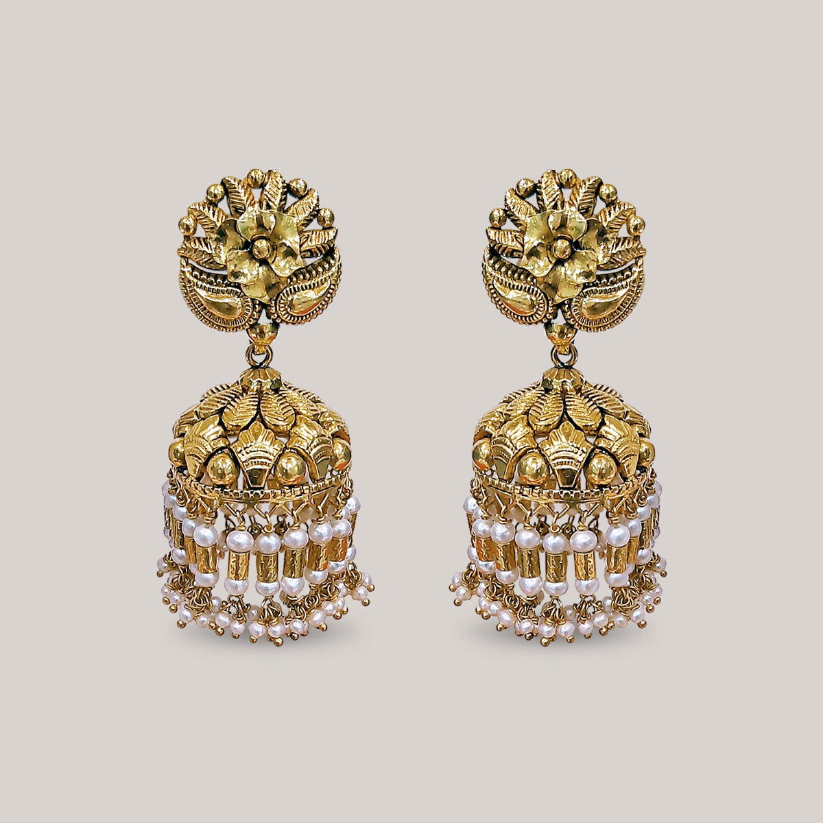 Scroll and Bead Gold Jhumka