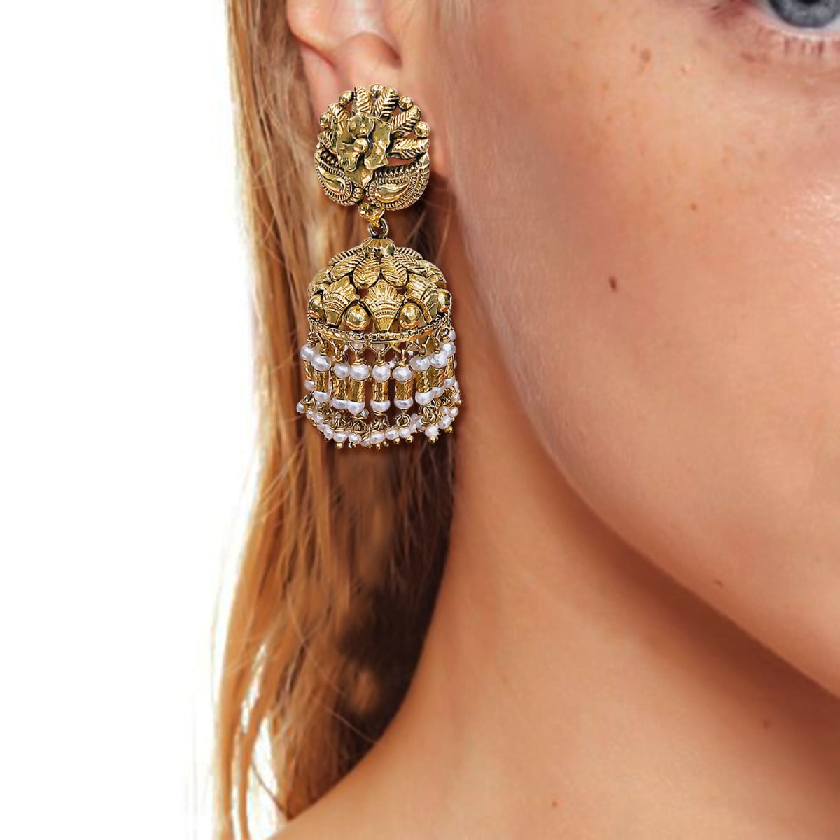 Scroll and Bead Gold Jhumka