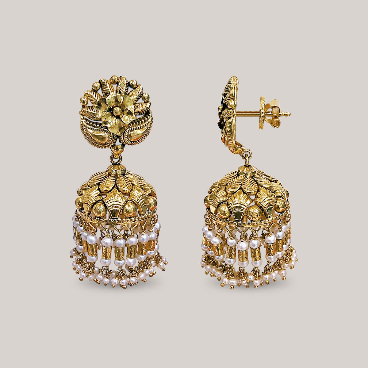 Scroll and Bead Gold Jhumka