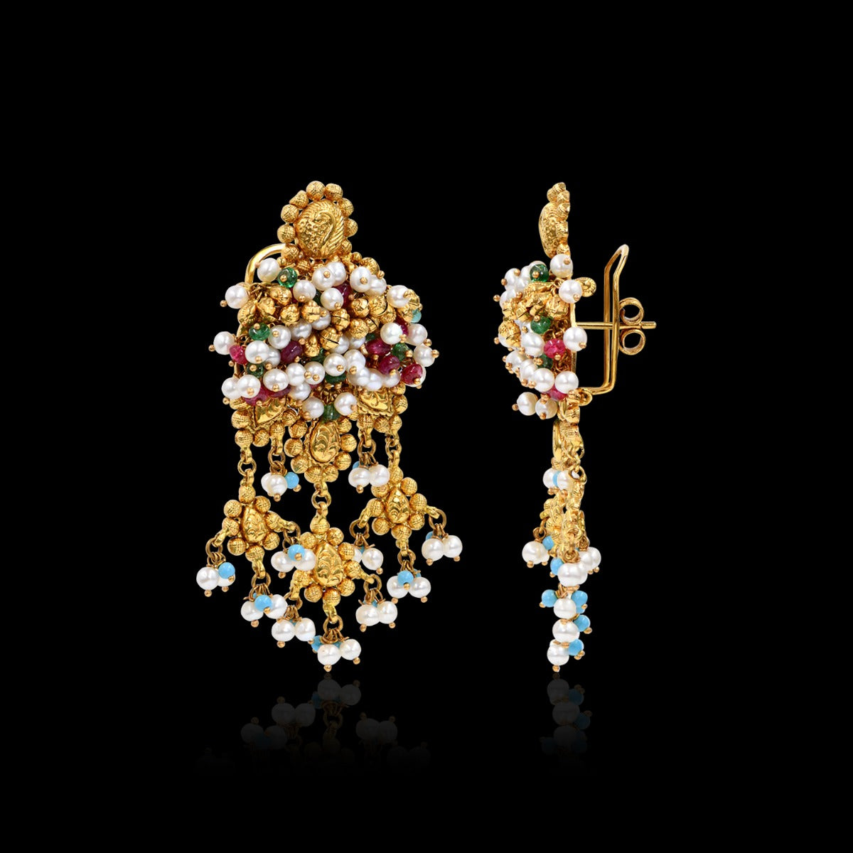 Gemstone Cluster Gold Earrings
